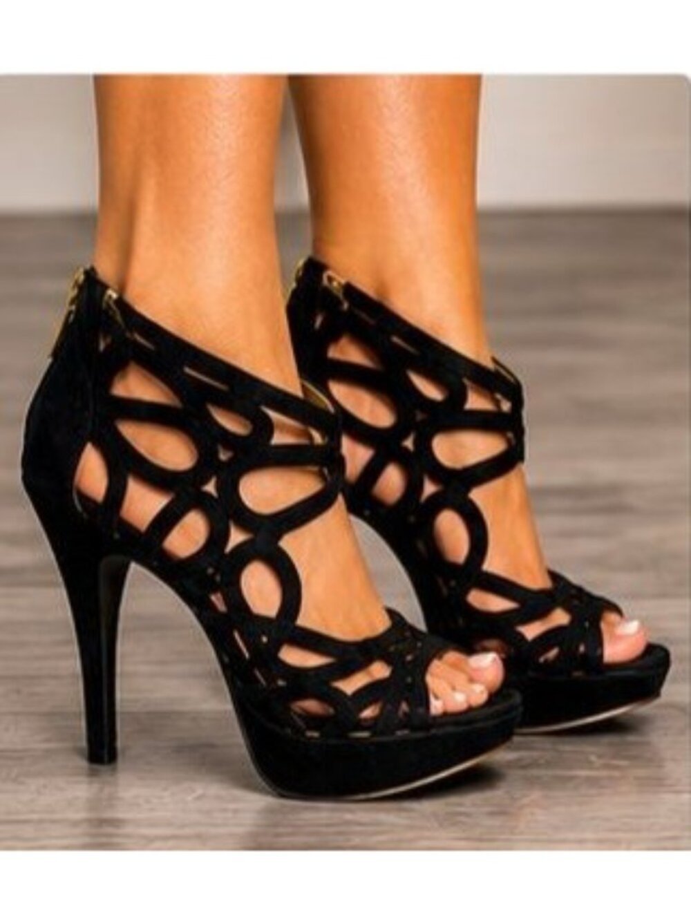 Nine West Black Suede Platform Heels Strappy Zip Back Stiletto Size 8M - Picture 4 of 4